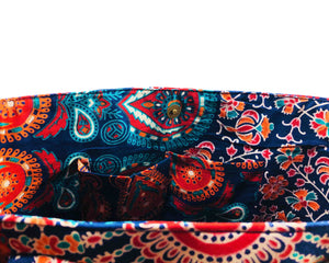Inner Pockets of Blue and Orange Mandala Cotton Handbag by Idaman Suri