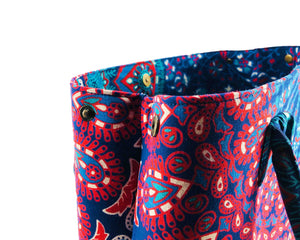 Close-up of Blue and Red Mandala Cotton Handbag by Idaman Suri